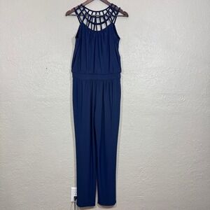 WHBM Jumpsuit 8 Navy Cutout‎ Liquid Knit Resort Cocktail Wedding Guest Travel
